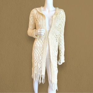 OLIVER CREAM HOODED LONG COTTON KNIT BOHO DUSTER.  WOMEN’S SZ S/M. NEW WITH TAG